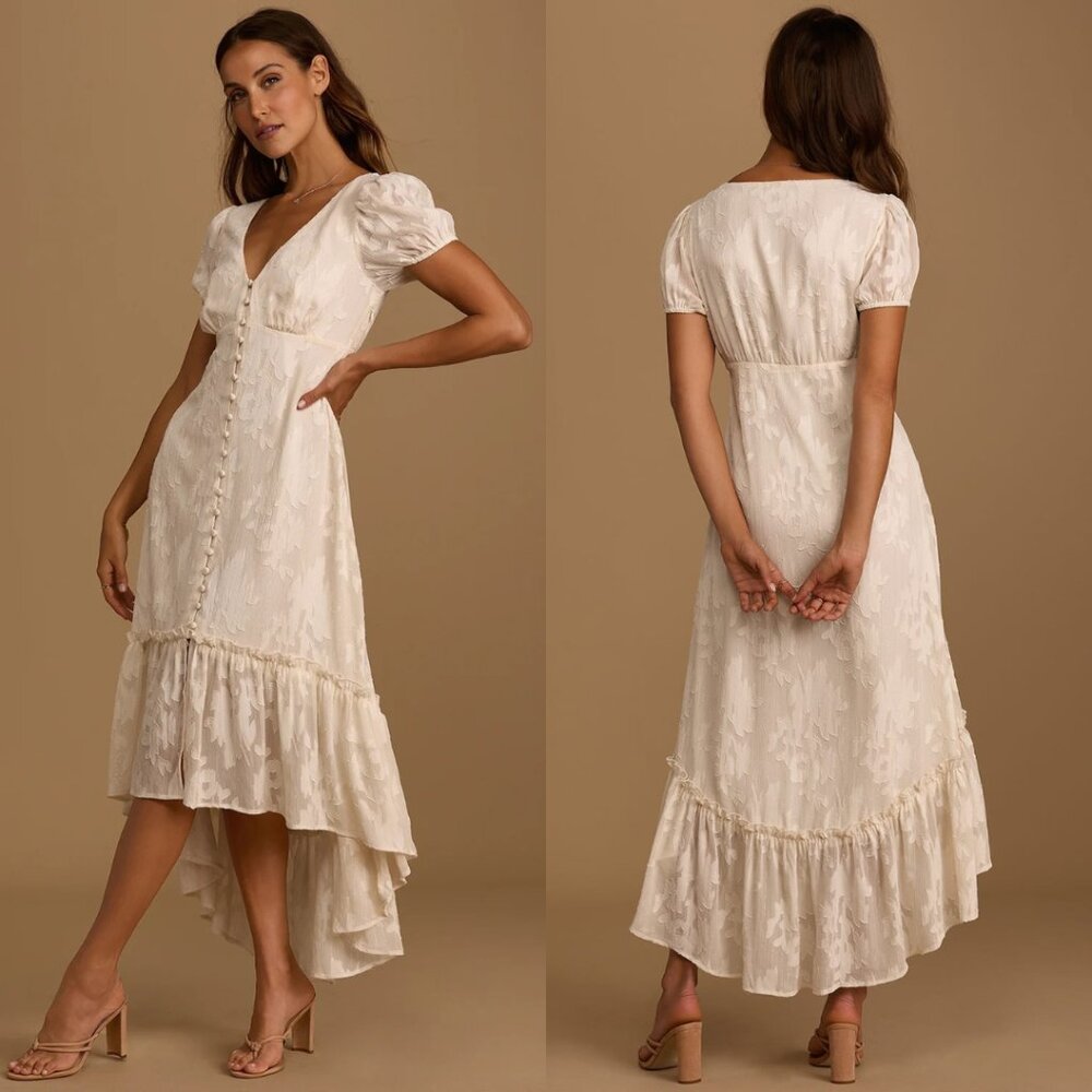 Gala in the Garden Cream Jacquard High-Low Midi Dress